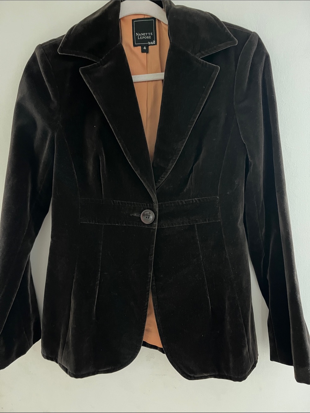Nanette Lepore VINTAGE Brown Velvet Blazer with Peach Satin Lining